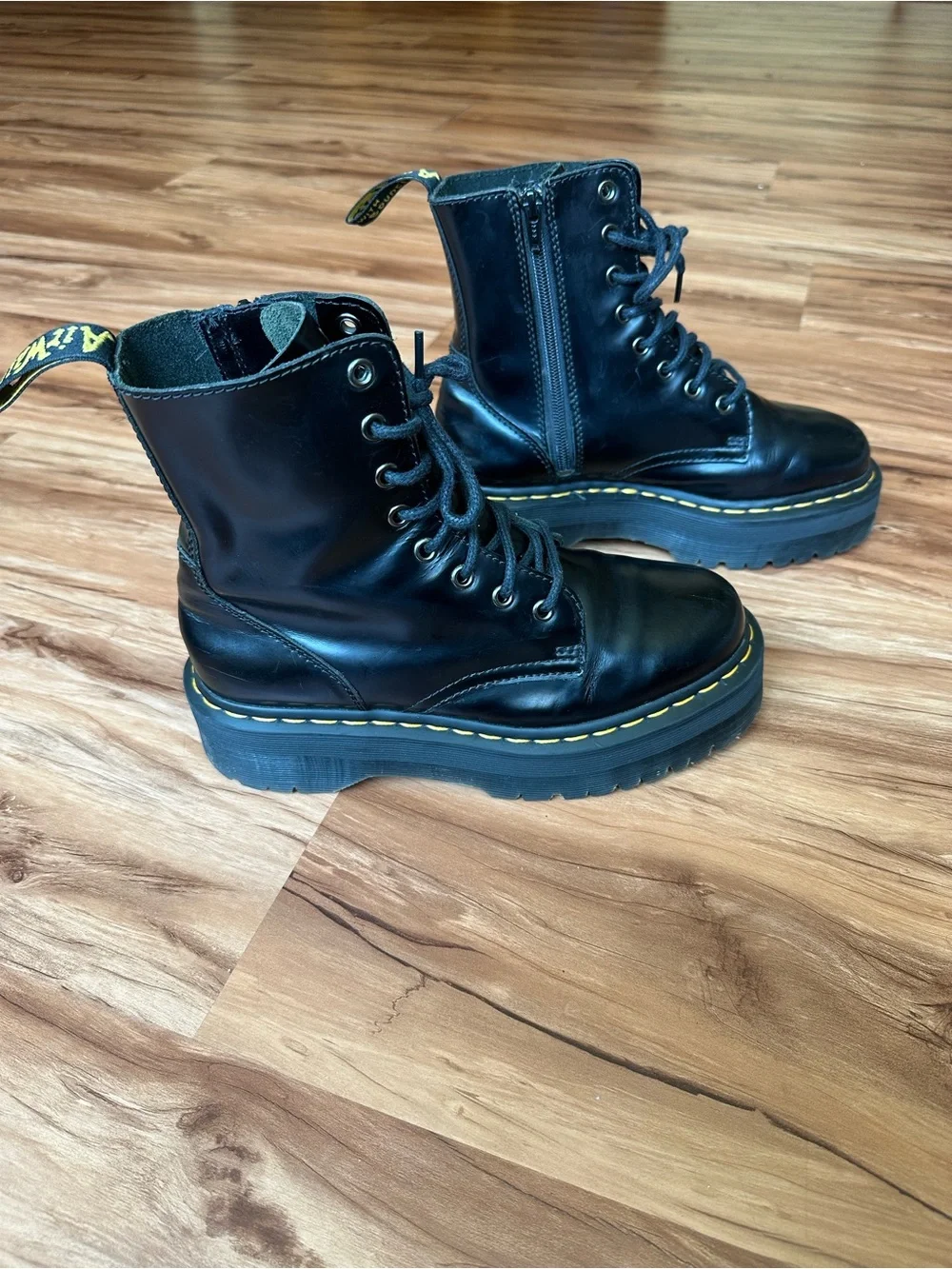 Dr. Martens Black Leather Platform Combat Boots with Yellow Stitching
